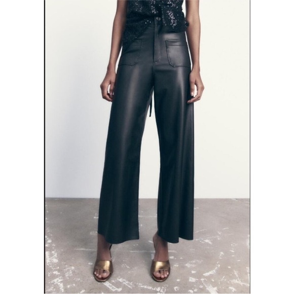 ZARA The Patch Pockets Marine Straight Faux Leather Pants BLACK 4 Ankle Crop - Picture 7 of 15